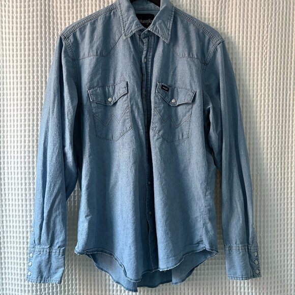 Wrangler chambray cowboy western-style pearl snap raw hem shirt men's 16.5 x 36 - Picture 1 of 6